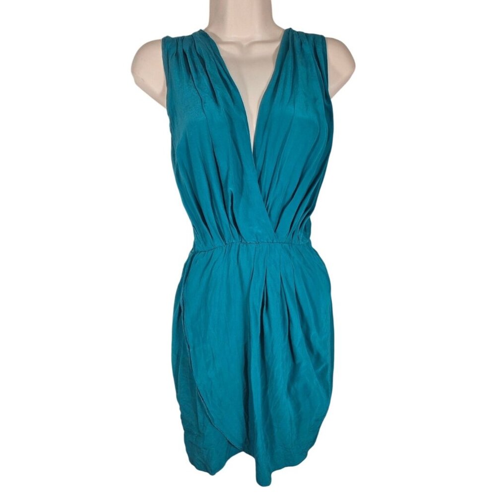 Amanda Uprichard Silk Teal Blue Ruched Draped Mini "Crystal" Party Dress Sz S